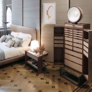 Picture of ARCHIBALD BEDSIDE CABINET IN WALNUT CANALETTO SADDLE LEATHER UPHOLSTERY
